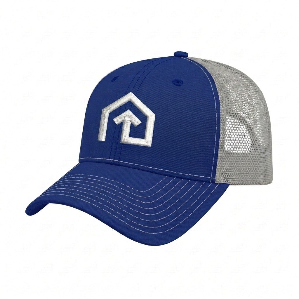 USA-made 6L Royal Blue-Light Gray Polycotton Twill baseball cap, decorated view, manufactured in Newark NJ