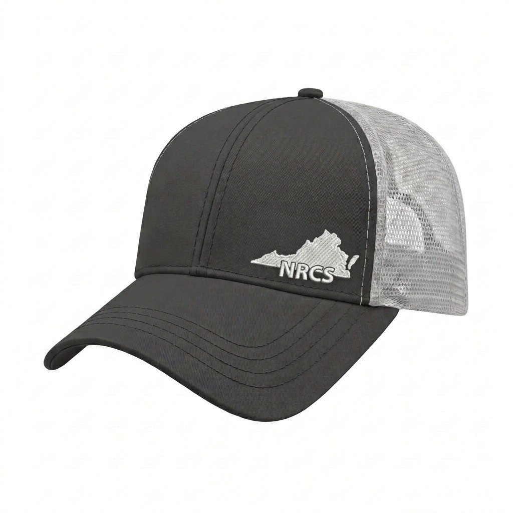 USA-made 6L Dark Gray-White Polycotton Twill baseball cap, decorated view, manufactured in Newark NJ
