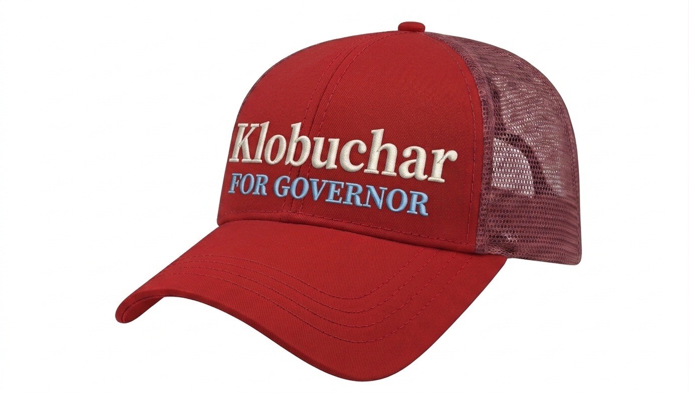 USA-made 6L Red Polycotton Twill baseball cap, decorated view, manufactured in Newark NJ