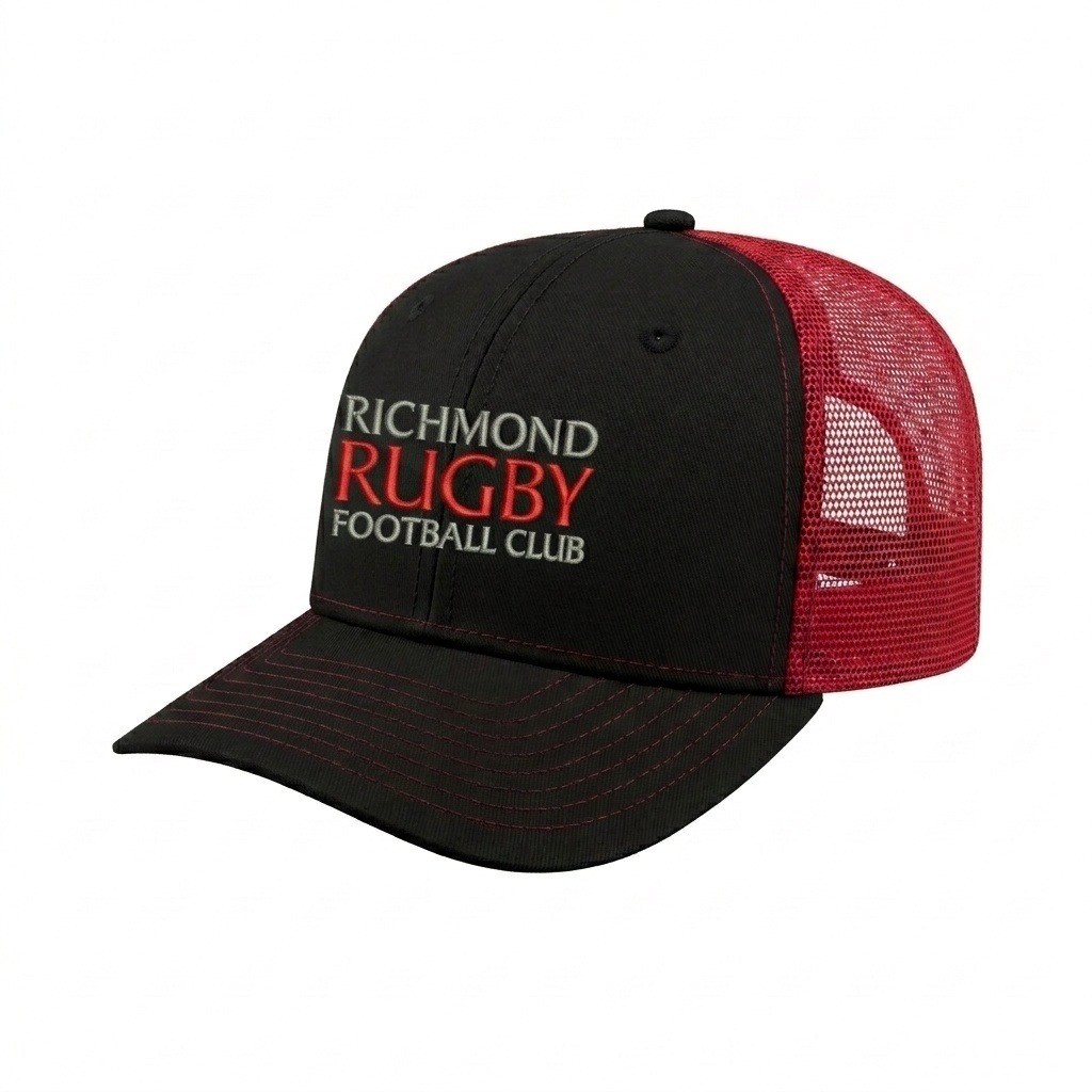 USA-made 6S Black-Red Polycotton Twill baseball cap, decorated view, manufactured in Newark NJ