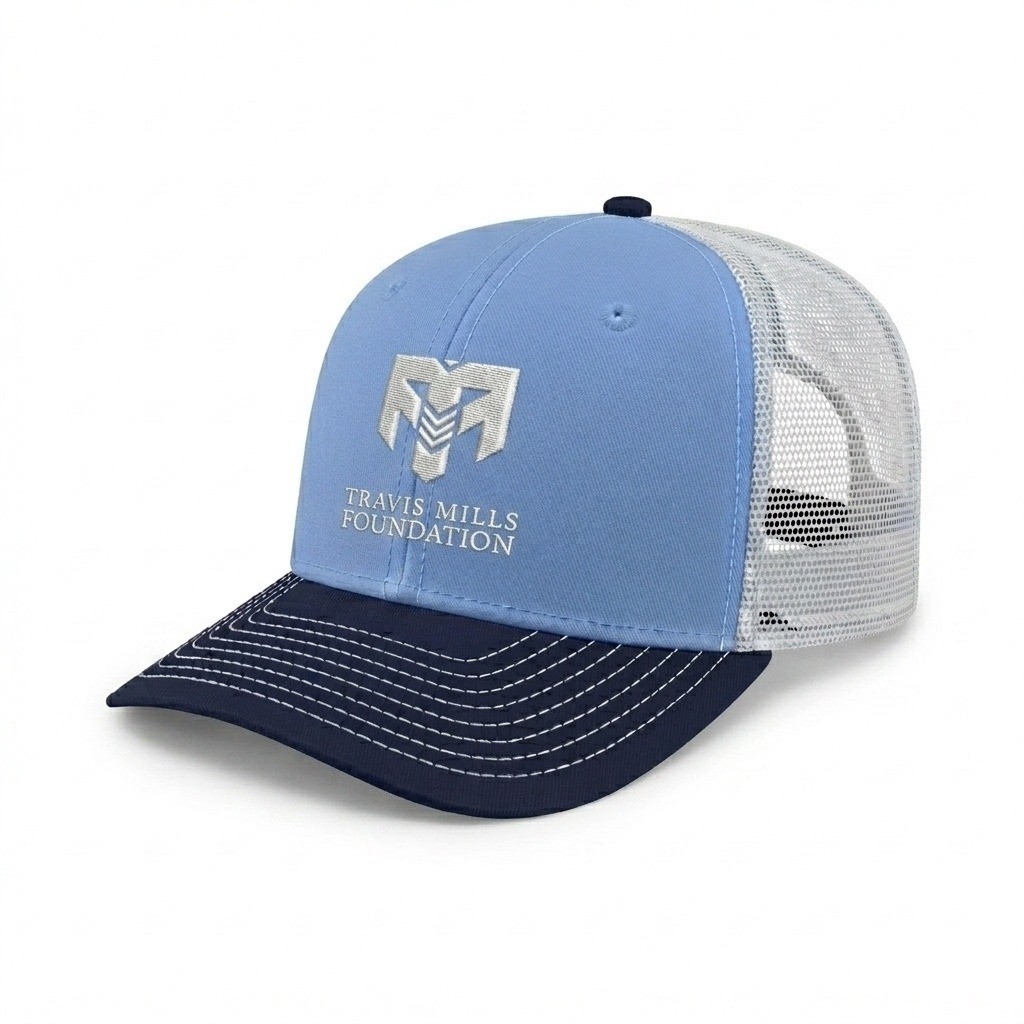 USA-made 6S Light Blue-Navy Polycotton Twill baseball cap, decorated view, manufactured in Newark NJ