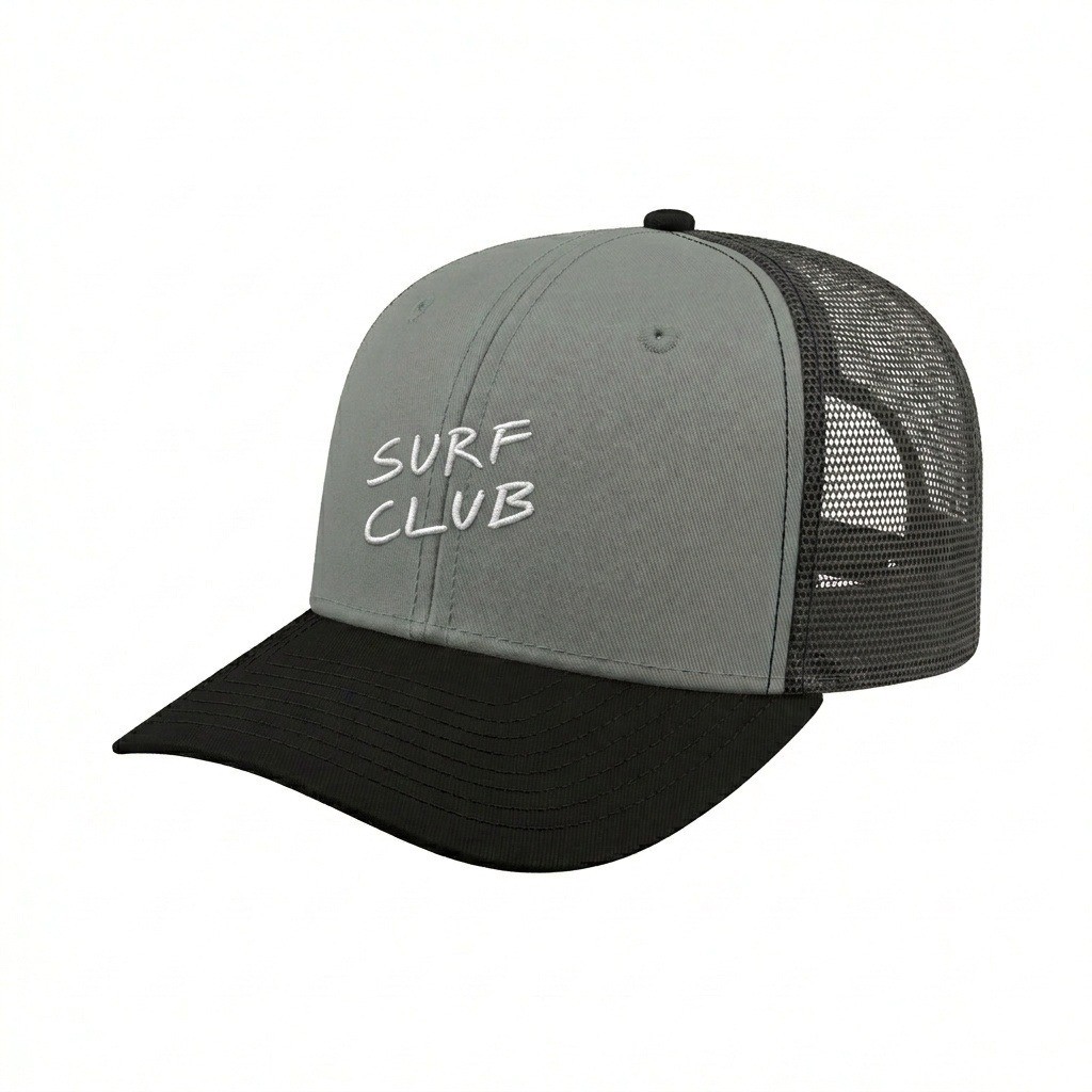 USA-made 6S Light Gray-Black Polycotton Twill baseball cap, decorated view, manufactured in Newark NJ