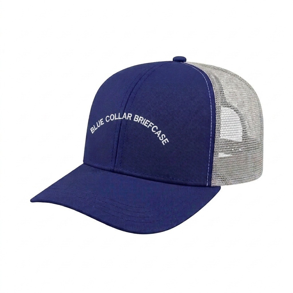 USA-made 6S Royal Blue-White Polycotton Twill baseball cap, decorated view, manufactured in Newark NJ