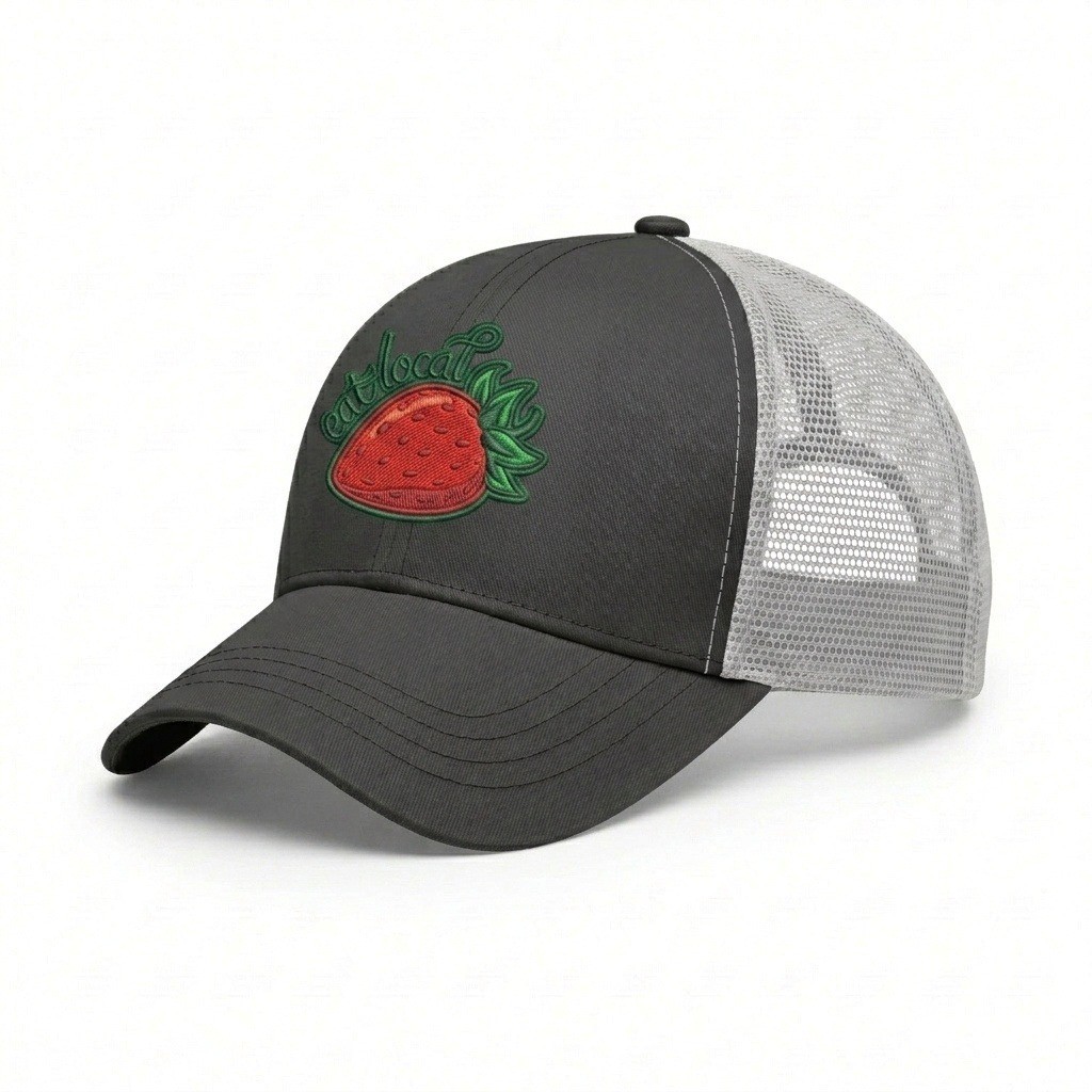 USA-made 6U Dark Gray-White Polycotton Twill baseball cap, decorated view, manufactured in Newark NJ