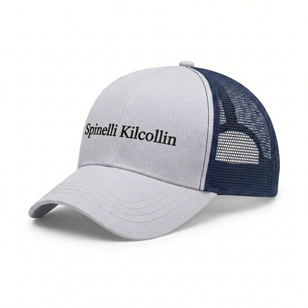 USA-made 6U White-Navy Polycotton Twill baseball cap, decorated view, manufactured in Newark NJ
