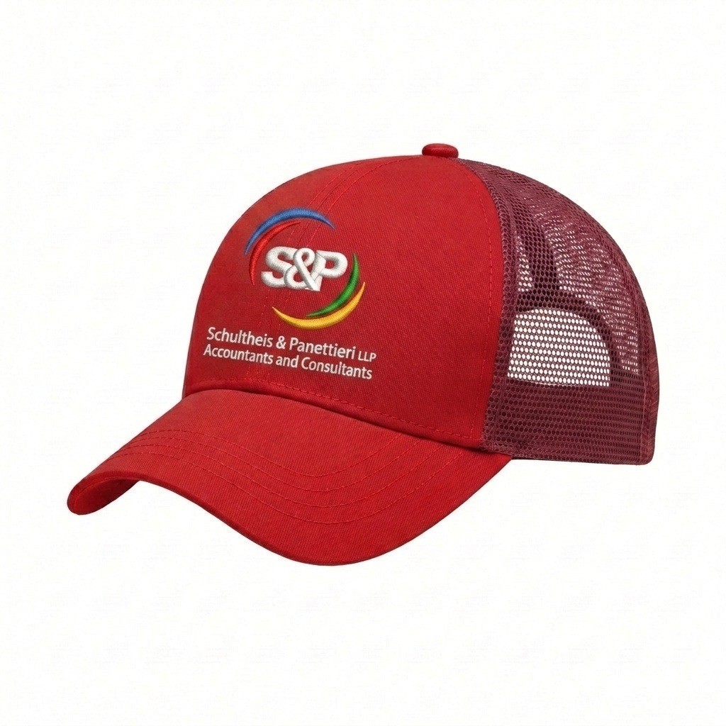 USA-made 6U Red Polycotton Twill baseball cap, decorated view, manufactured in Newark NJ