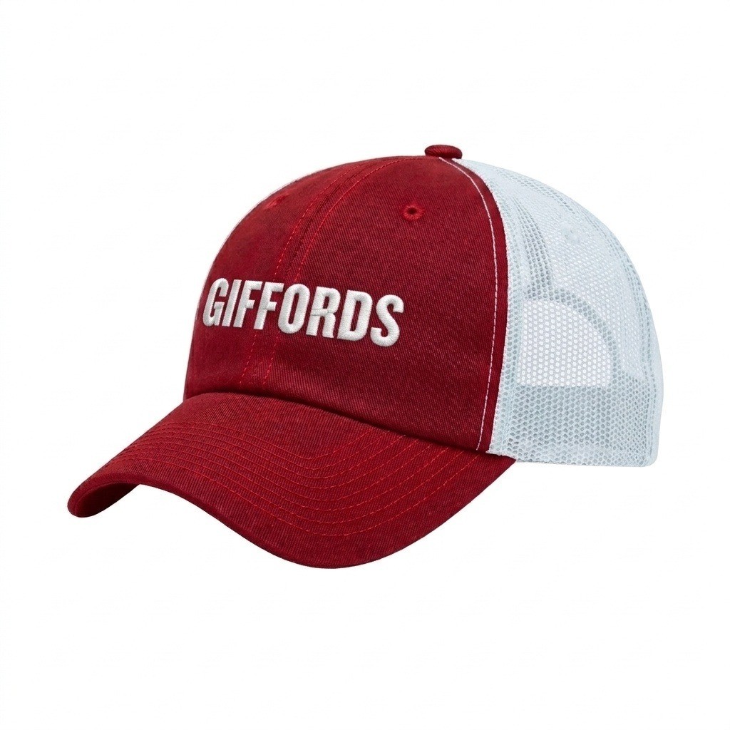 USA-made 6U Red-White Polycotton Twill baseball cap, decorated view, manufactured in Newark NJ