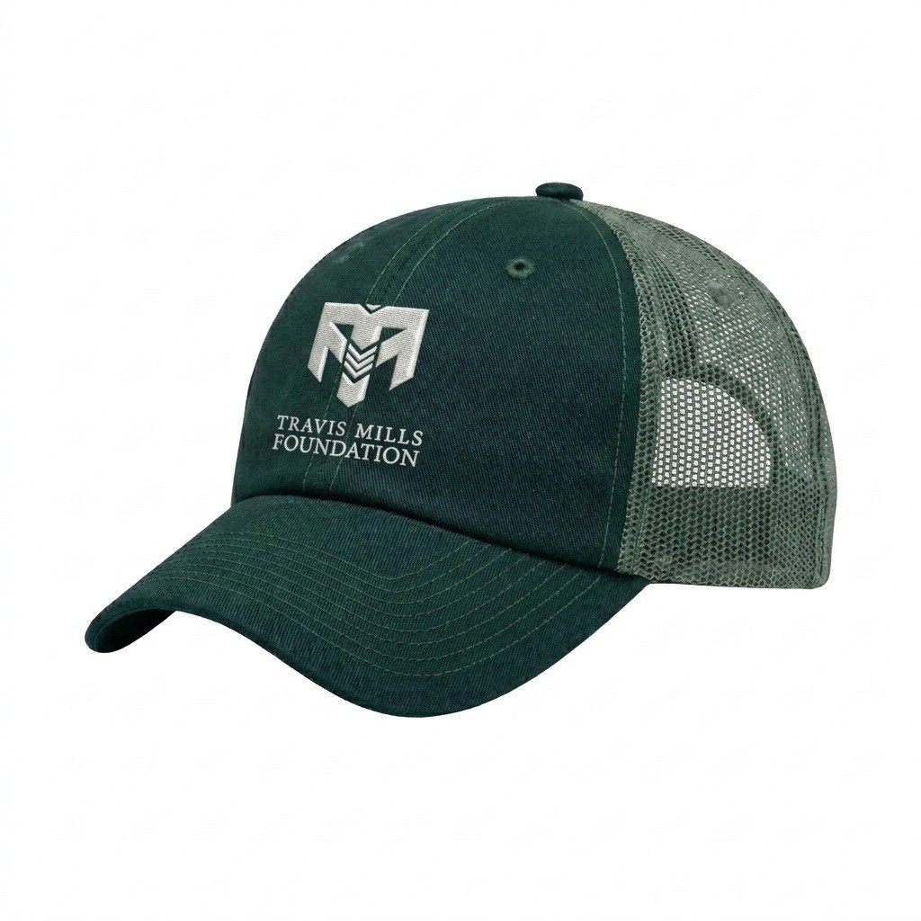 USA-made 6U Hunter Green Polycotton Twill baseball cap, decorated view, manufactured in Newark NJ