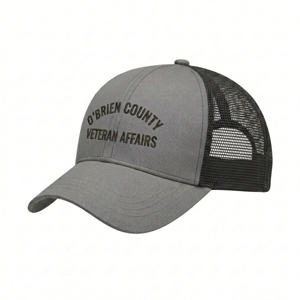 USA-made 6U Light Gray-Black Polycotton Twill baseball cap, decorated view, manufactured in Newark NJ