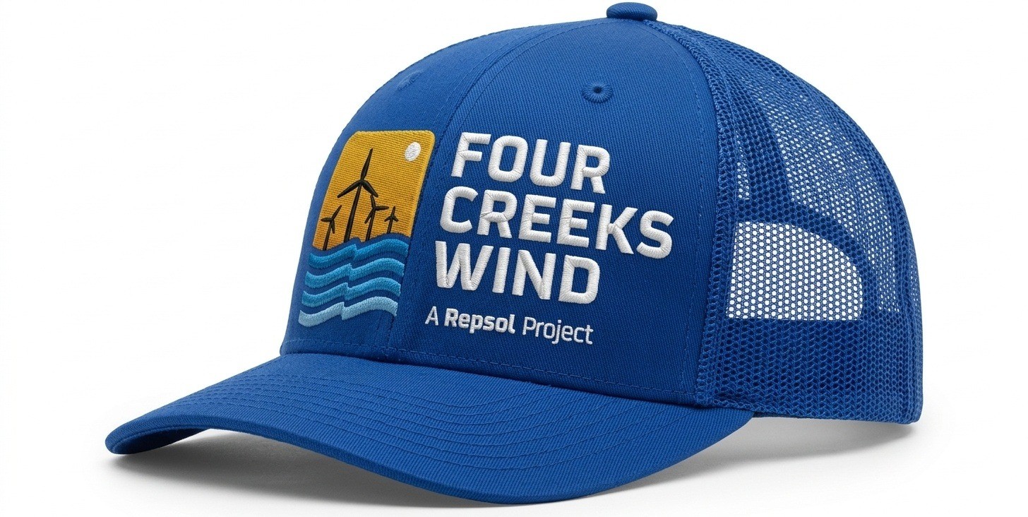 USA-made 6U Royal Blue Polycotton Twill baseball cap, decorated view, manufactured in Newark NJ