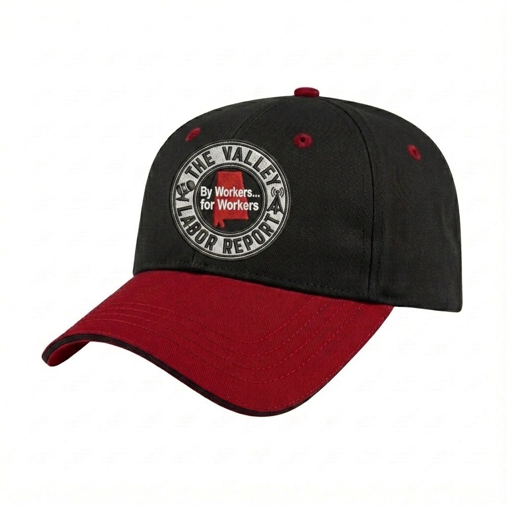USA-made 6L Black-Red Cotton Spandex baseball cap, decorated view, manufactured in Newark NJ
