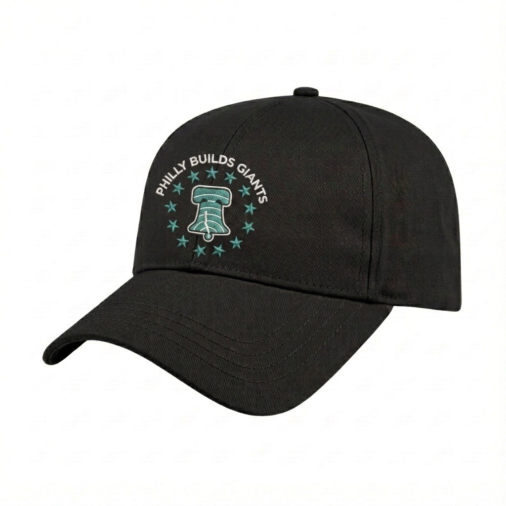 USA-made 6L Black Cotton Spandex baseball cap, decorated view, manufactured in Newark NJ