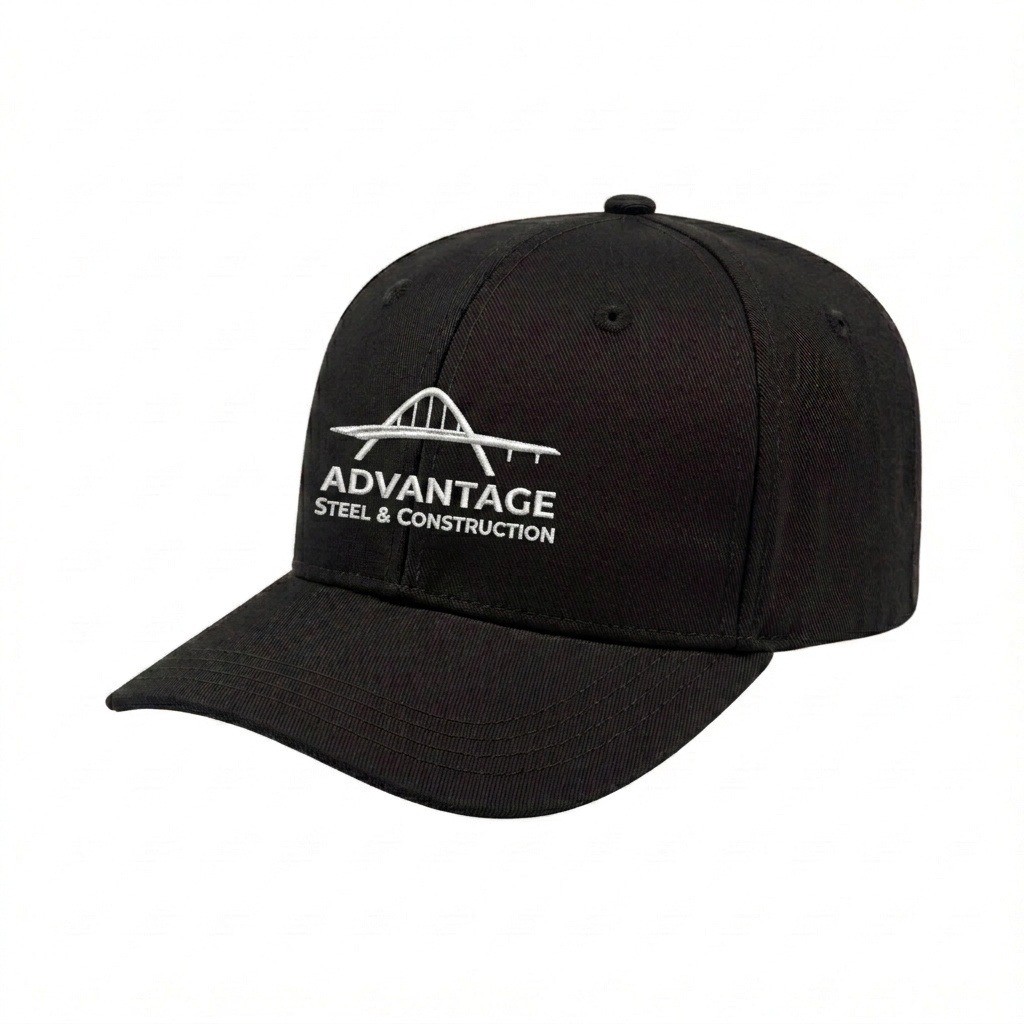 USA-made 6S Black Cotton Spandex baseball cap, decorated view, manufactured in Newark NJ