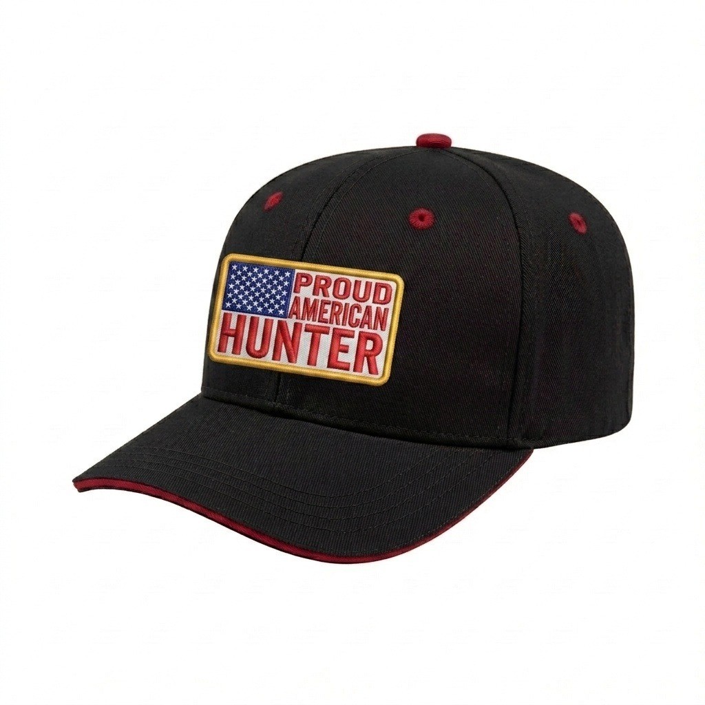 USA-made 6S Black-Red Cotton Spandex baseball cap, decorated view, manufactured in Newark NJ