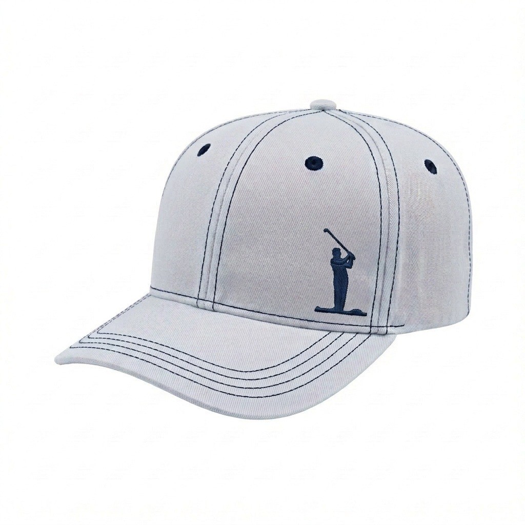 USA-made 6S White-Navy Cotton Spandex baseball cap, decorated view, manufactured in Newark NJ