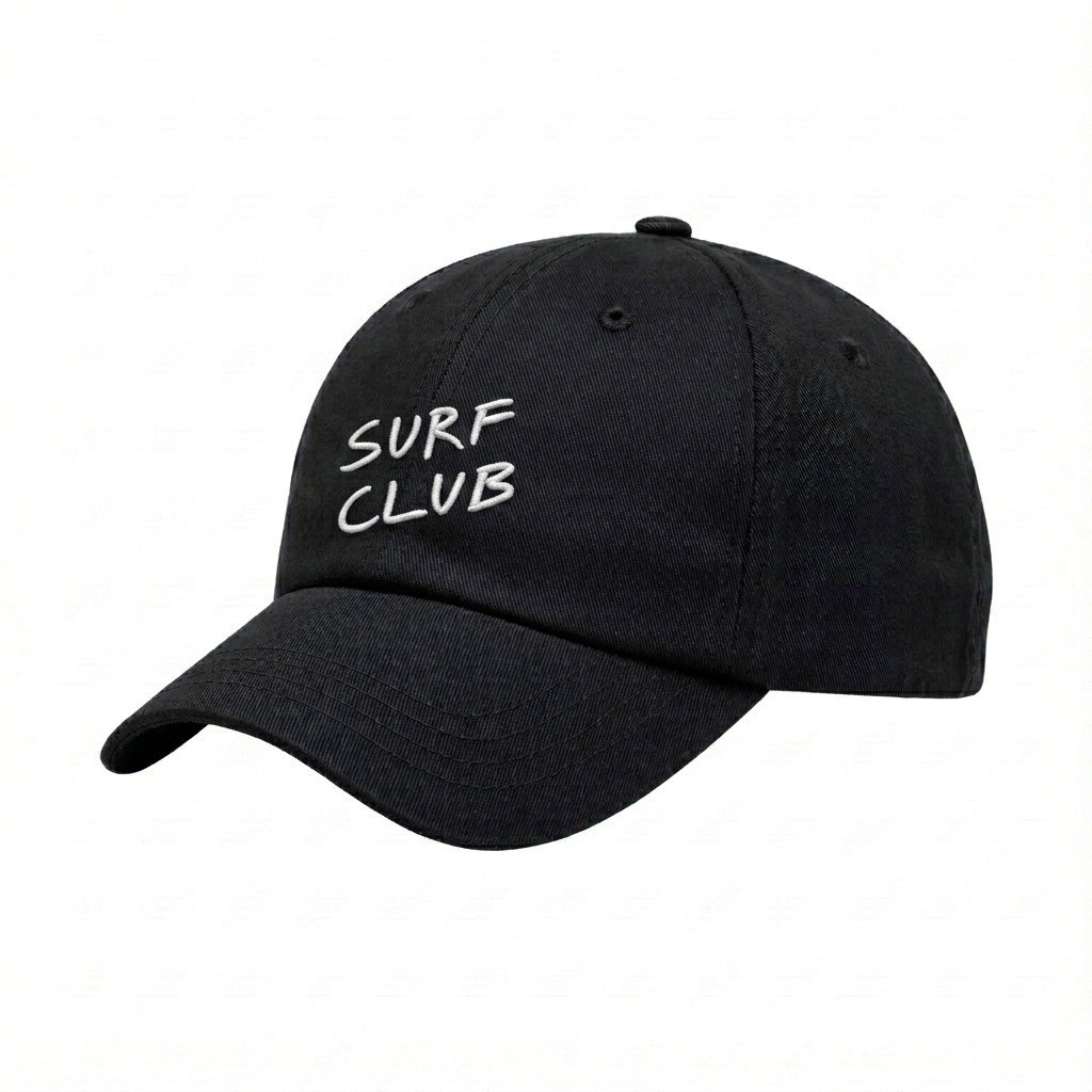 USA-made 6U Black Cotton Spandex baseball cap, decorated view, manufactured in Newark NJ