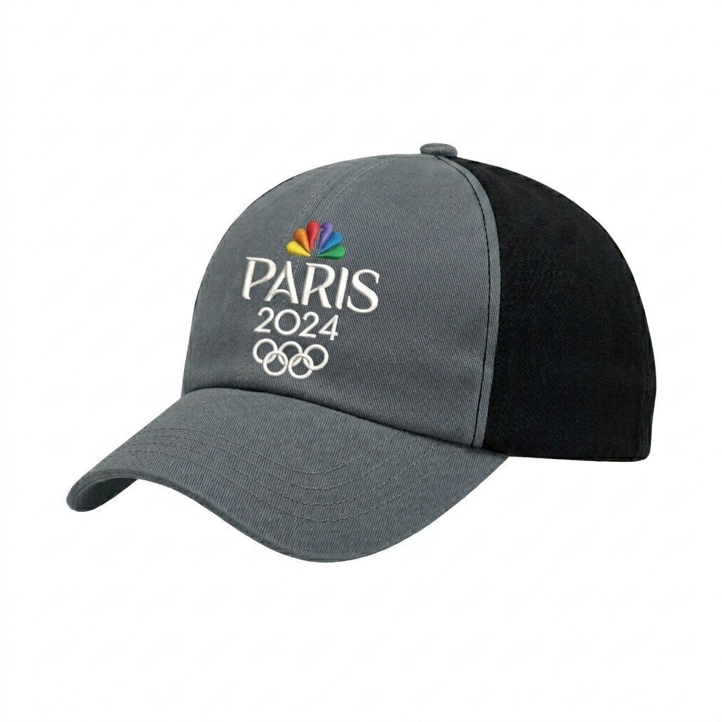 USA-made 6U Light Gray-Black Cotton Spandex baseball cap, decorated view, manufactured in Newark NJ