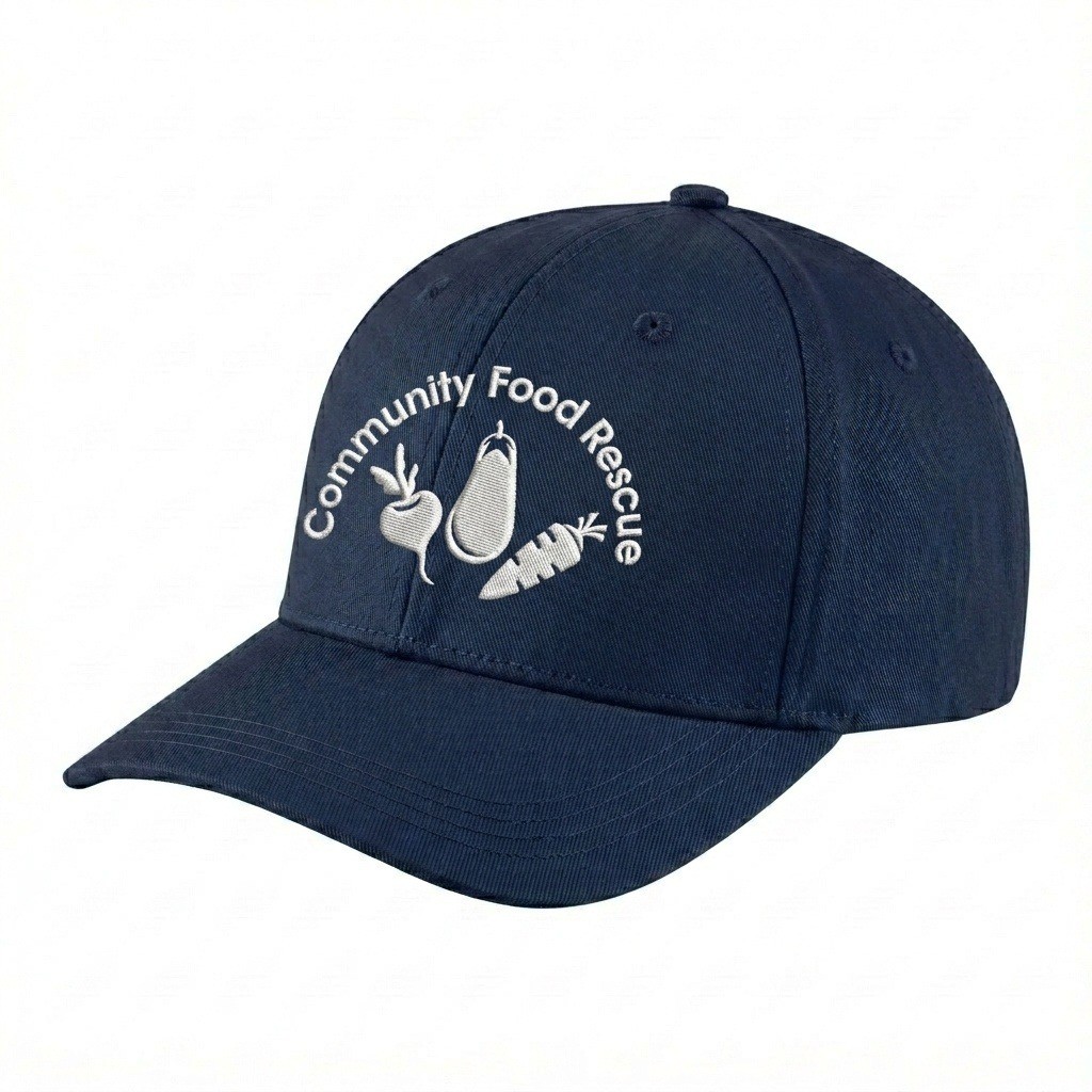 USA-made 6H Navy Polycotton Twill baseball cap, decorated view, manufactured in Newark NJ