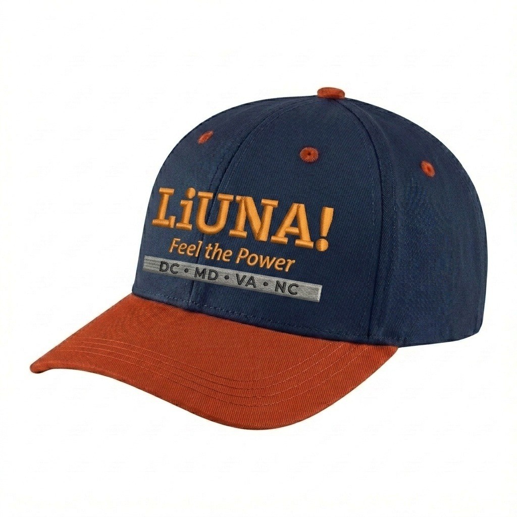 USA-made 6H Navy-Orange Polycotton Twill baseball cap, decorated view, manufactured in Newark NJ