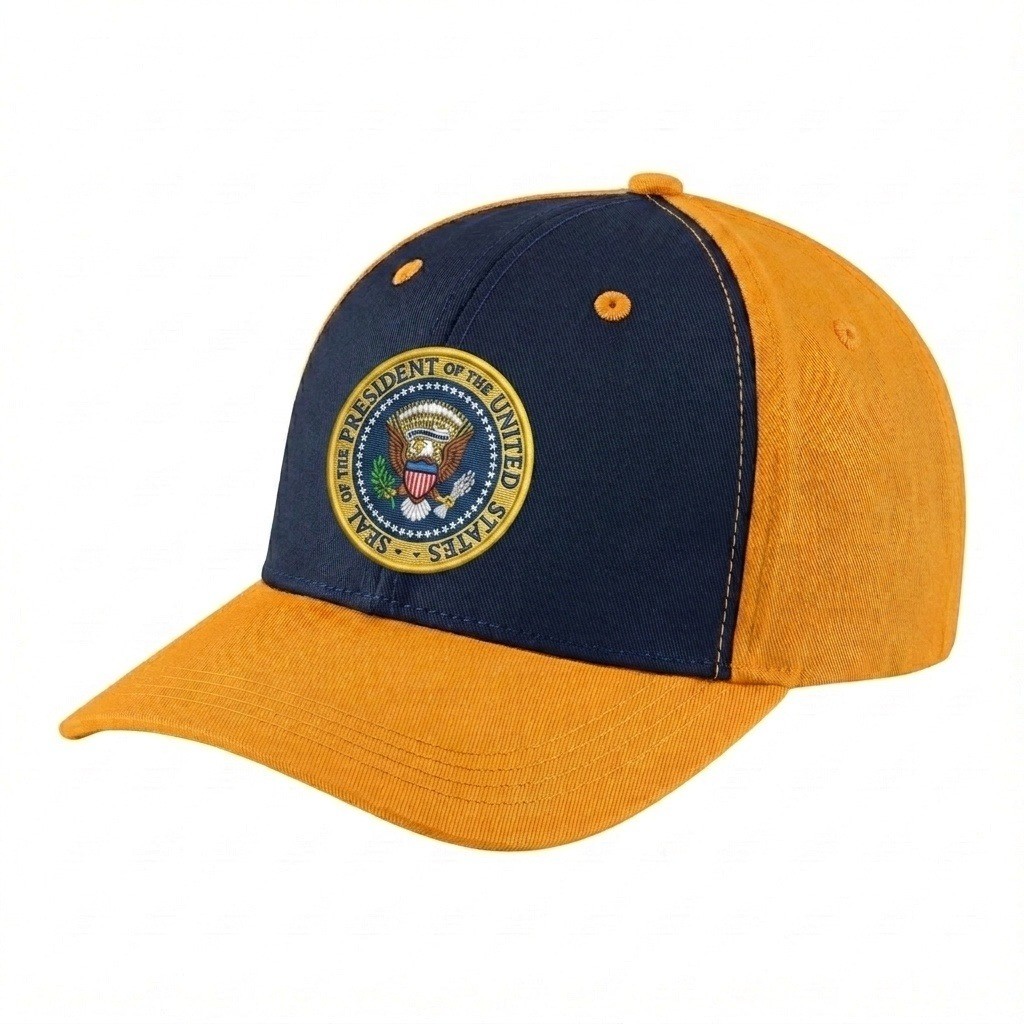 USA-made 6H Navy-Athletic Gold Polycotton Twill baseball cap, decorated view, manufactured in Newark NJ