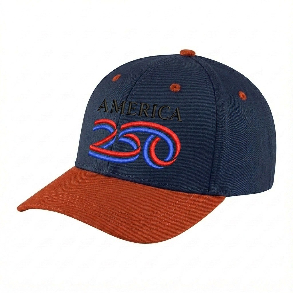 USA-made 6H Navy-Orange Polycotton Twill baseball cap, decorated view, manufactured in Newark NJ