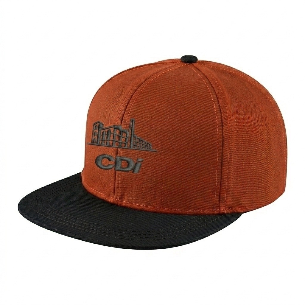 USA-made 6H Orange-Black Polycotton Twill baseball cap, decorated view, manufactured in Newark NJ