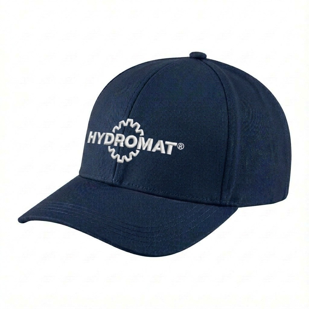 USA-made 6H Navy Polycotton Twill baseball cap, decorated view, manufactured in Newark NJ
