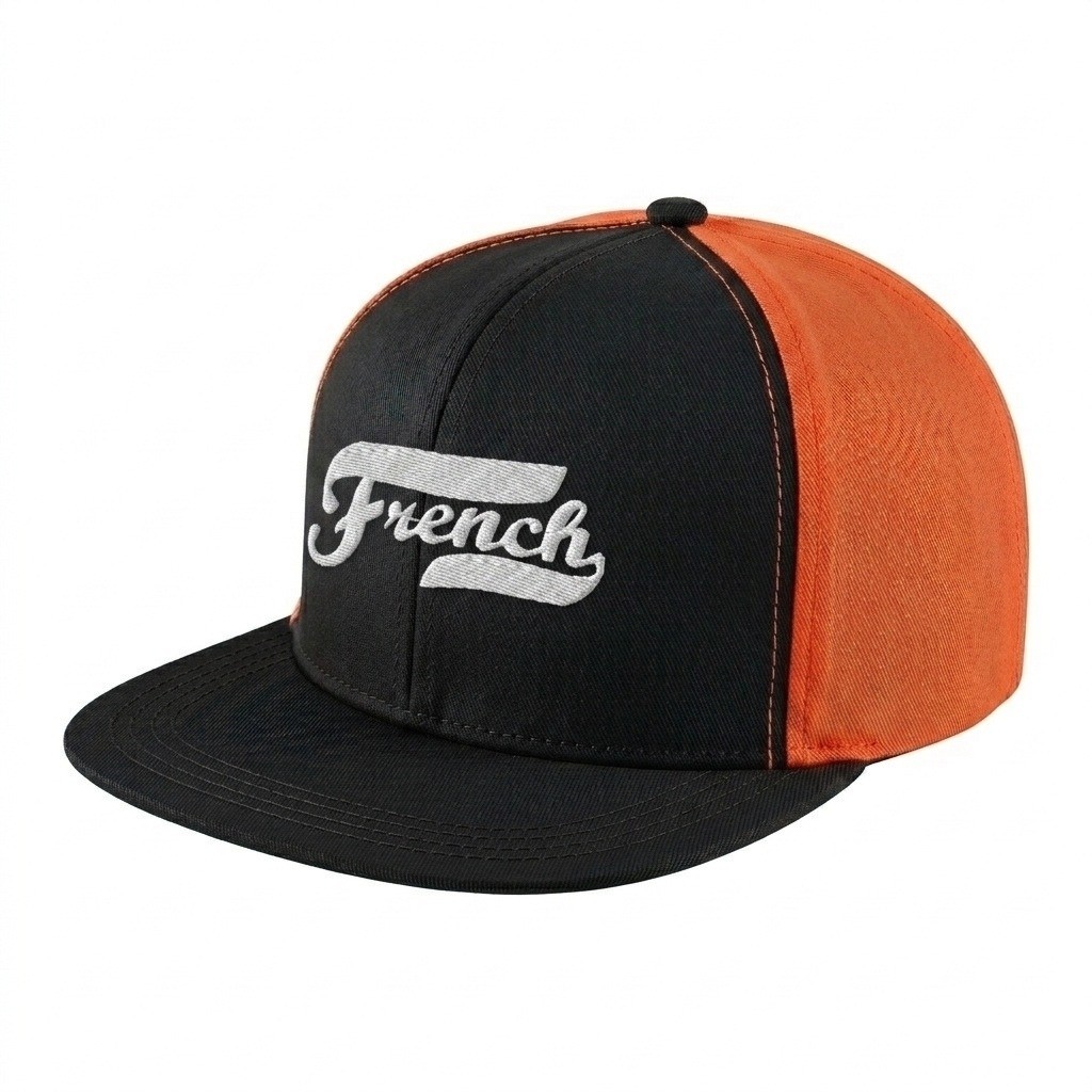 USA-made 6H Black-Blaze Orange Polycotton Twill baseball cap, decorated view, manufactured in Newark NJ