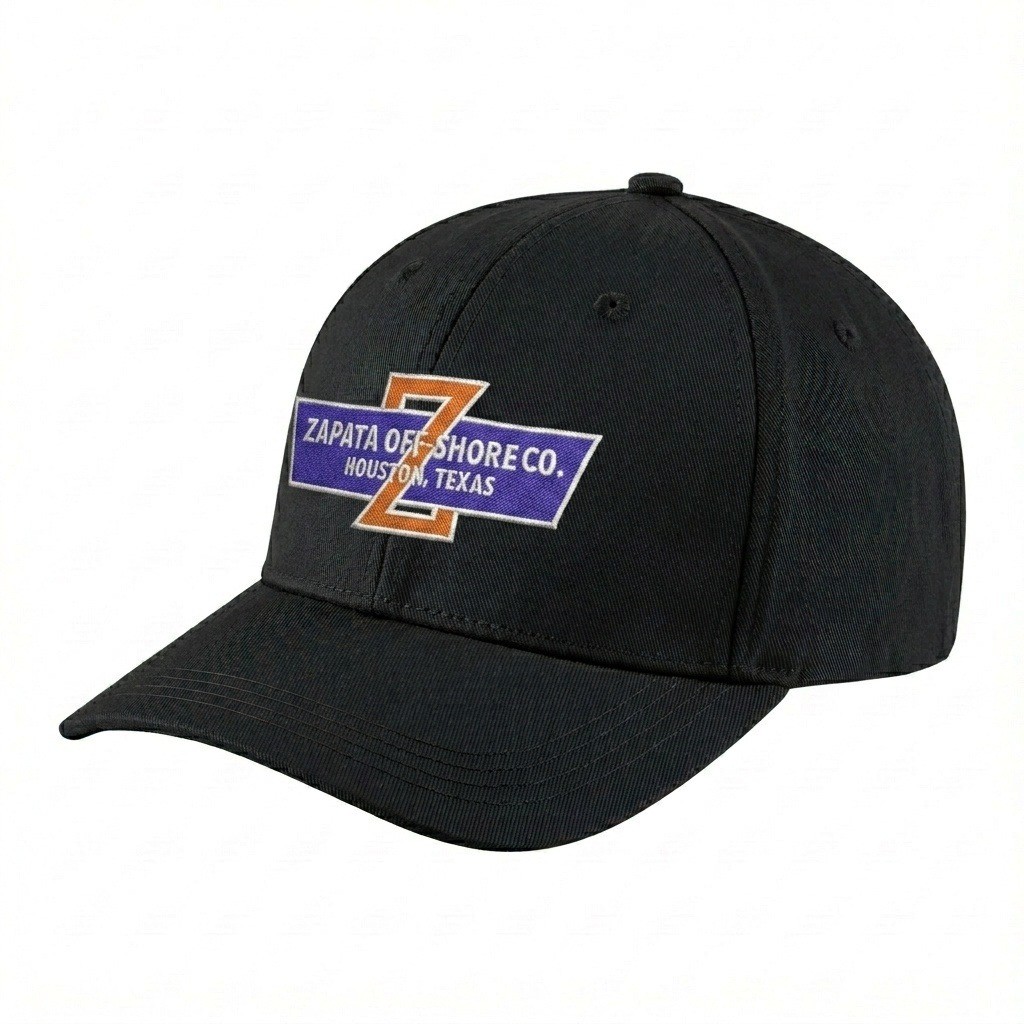 USA-made 6H Black Polycotton Twill baseball cap, decorated view, manufactured in Newark NJ