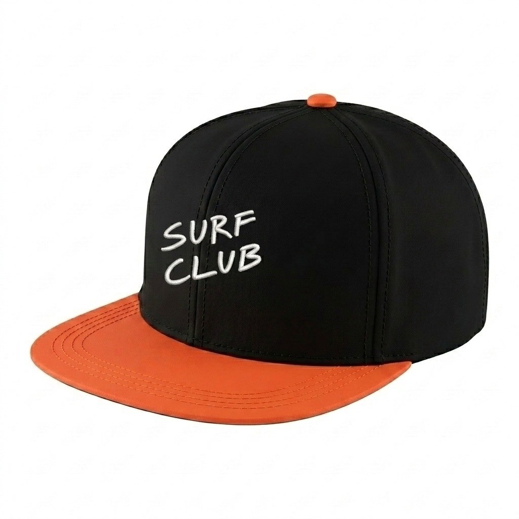 USA-made 6H Black-Blaze Orange Polycotton Twill baseball cap, decorated view, manufactured in Newark NJ