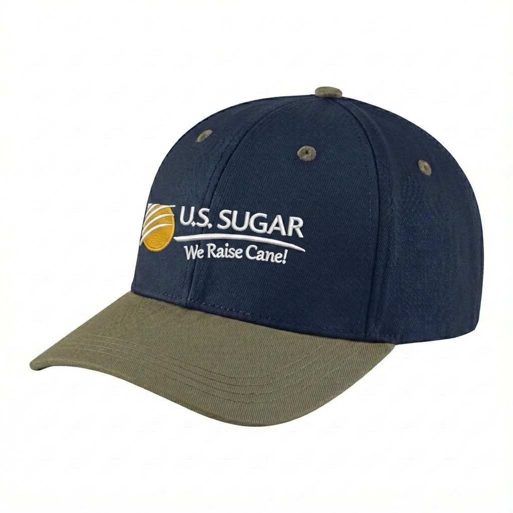 USA-made 6H Navy-Khaki Polycotton Twill baseball cap, decorated view, manufactured in Newark NJ