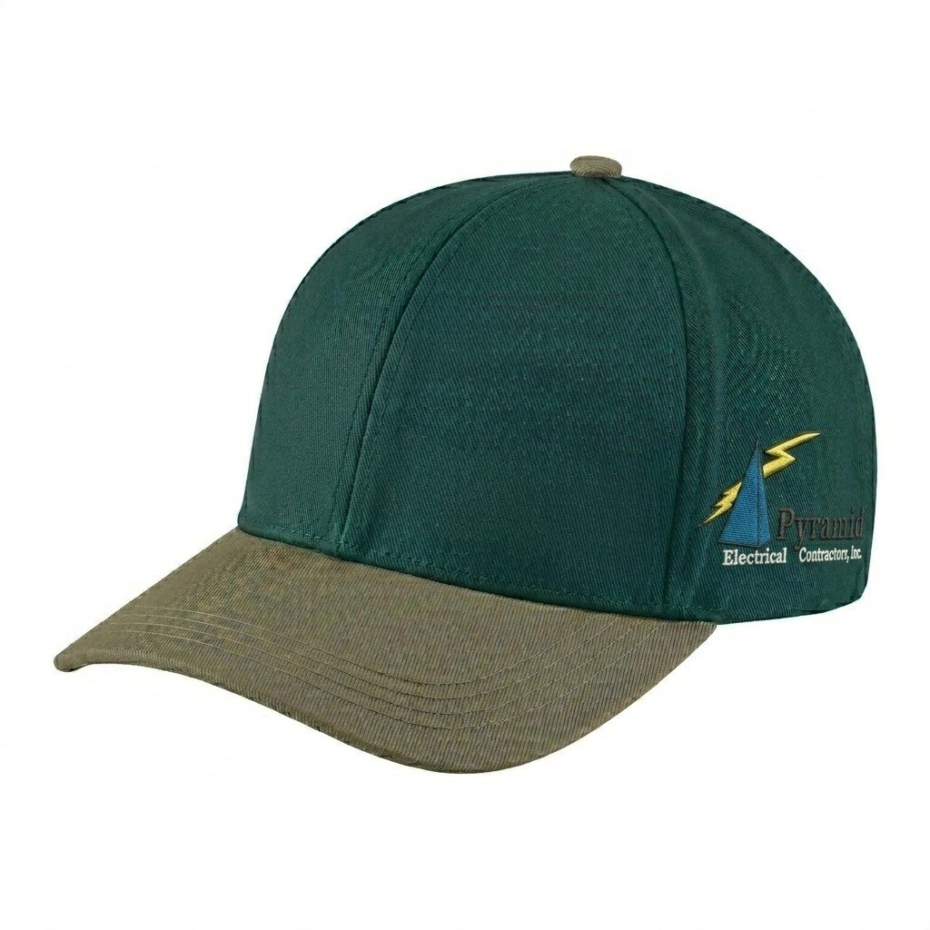 USA-made 6H Hunter Green-Khaki Polycotton Twill baseball cap, decorated view, manufactured in Newark NJ