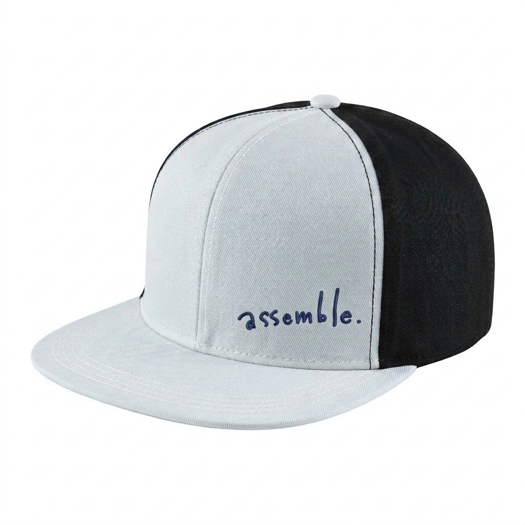USA-made 6H White-Black Polycotton Twill baseball cap, decorated view, manufactured in Newark NJ