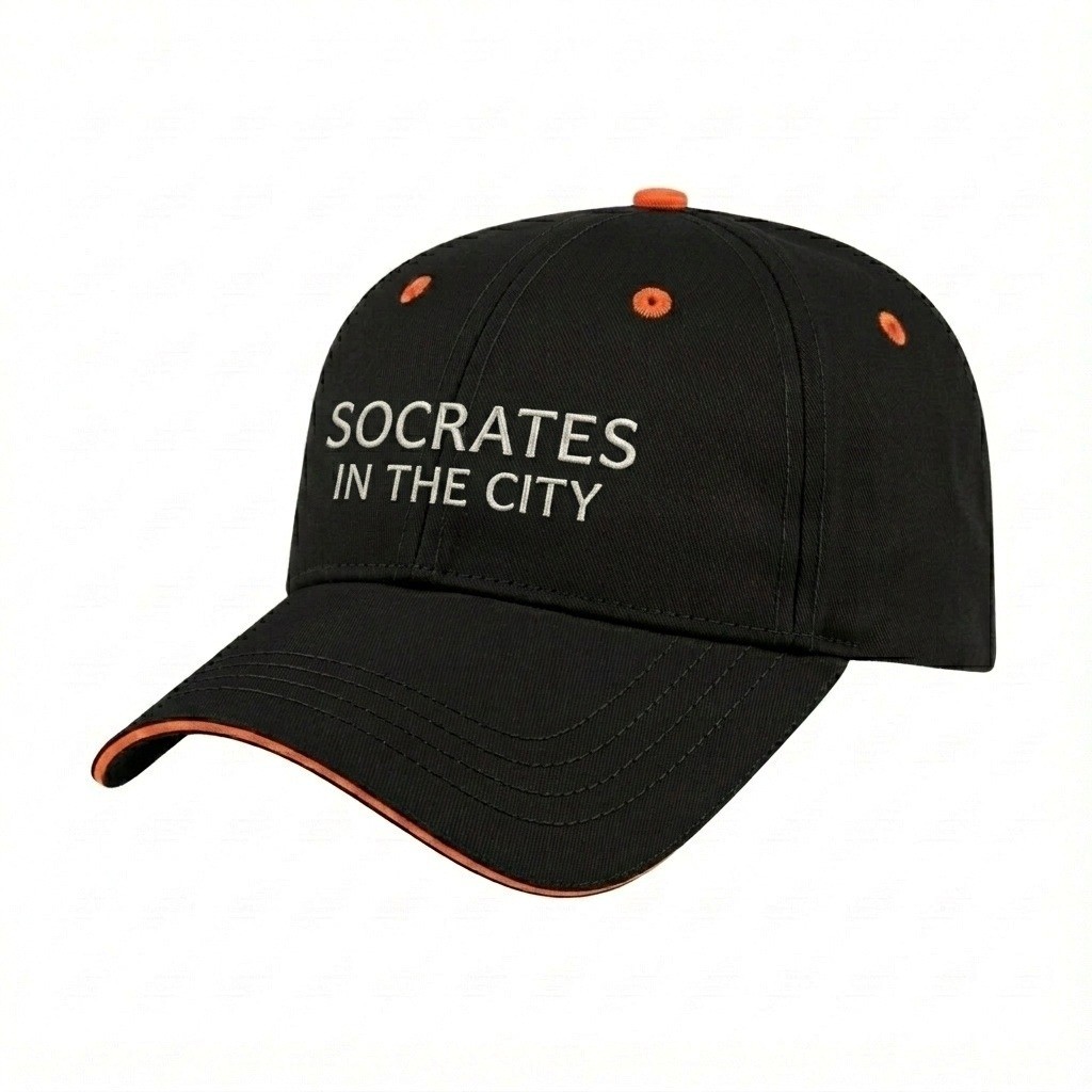 USA-made 6L Black-Blaze Orange Polycotton Twill baseball cap, decorated view, manufactured in Newark NJ
