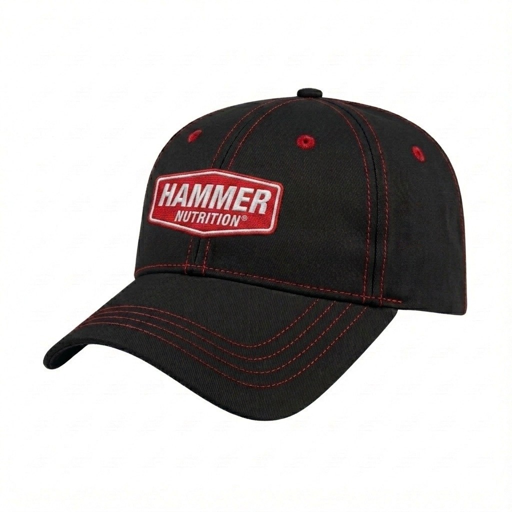 USA-made 6L Black-Red Polycotton Twill baseball cap, decorated view, manufactured in Newark NJ