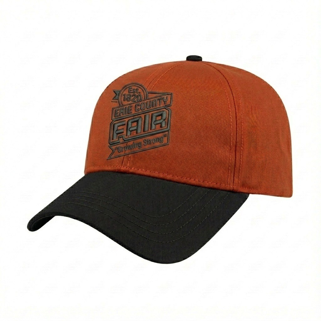 USA-made 6L Orange-Black Polycotton Twill baseball cap, decorated view, manufactured in Newark NJ