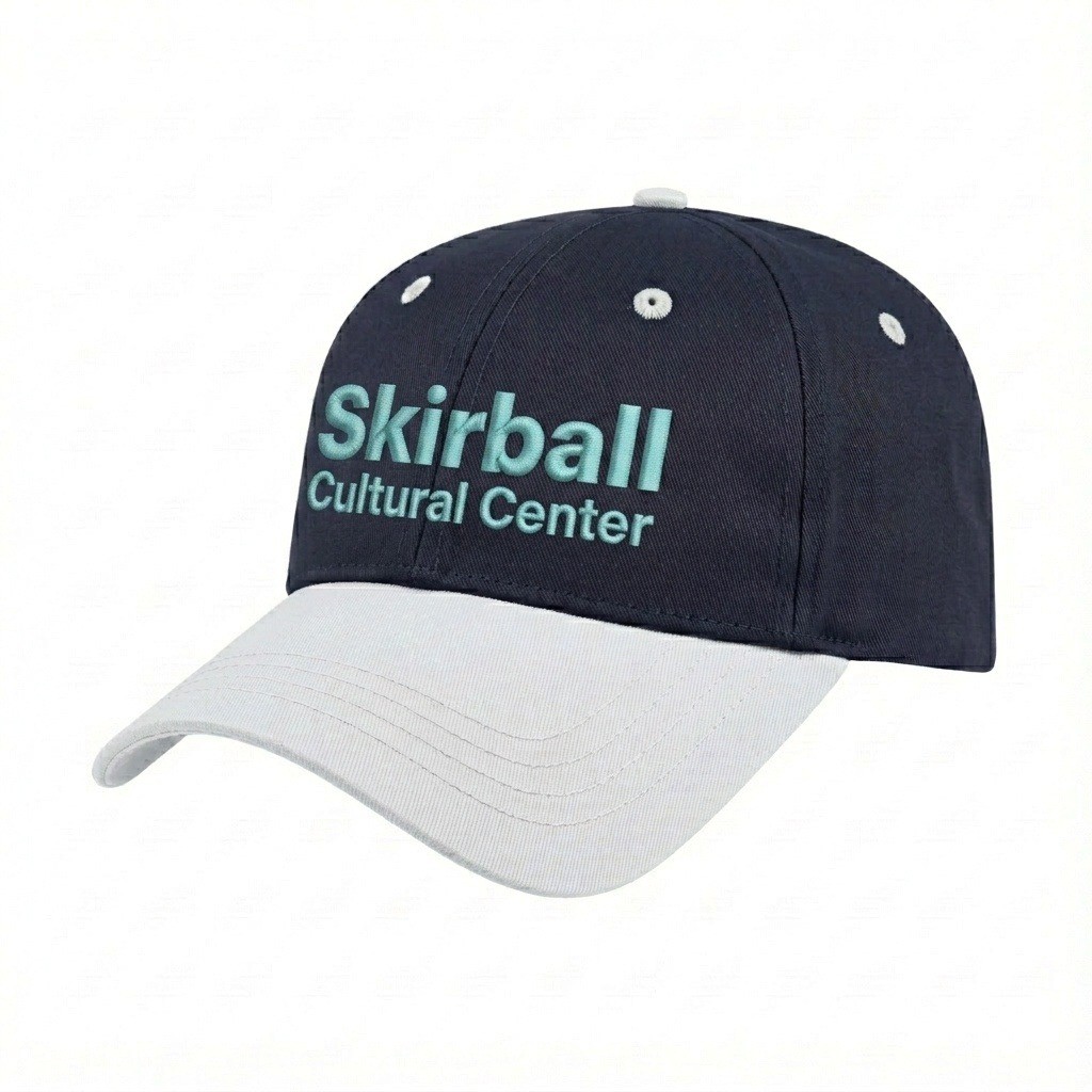 USA-made 6L Navy-White Polycotton Twill baseball cap, decorated view, manufactured in Newark NJ