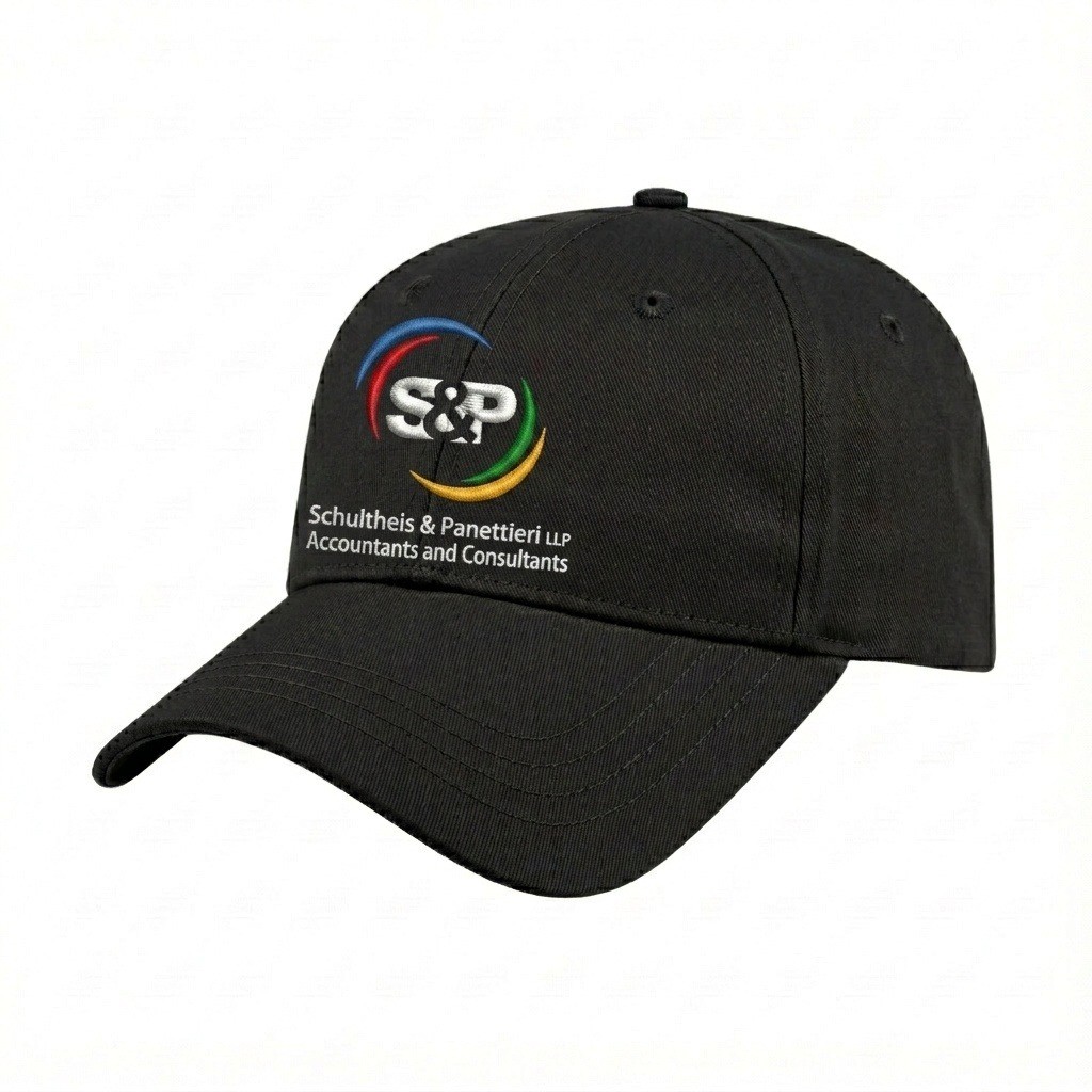USA-made 6L Black Polycotton Twill baseball cap, decorated view, manufactured in Newark NJ