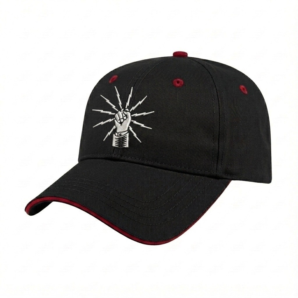 USA-made 6L Black-Red Polycotton Twill baseball cap, decorated view, manufactured in Newark NJ