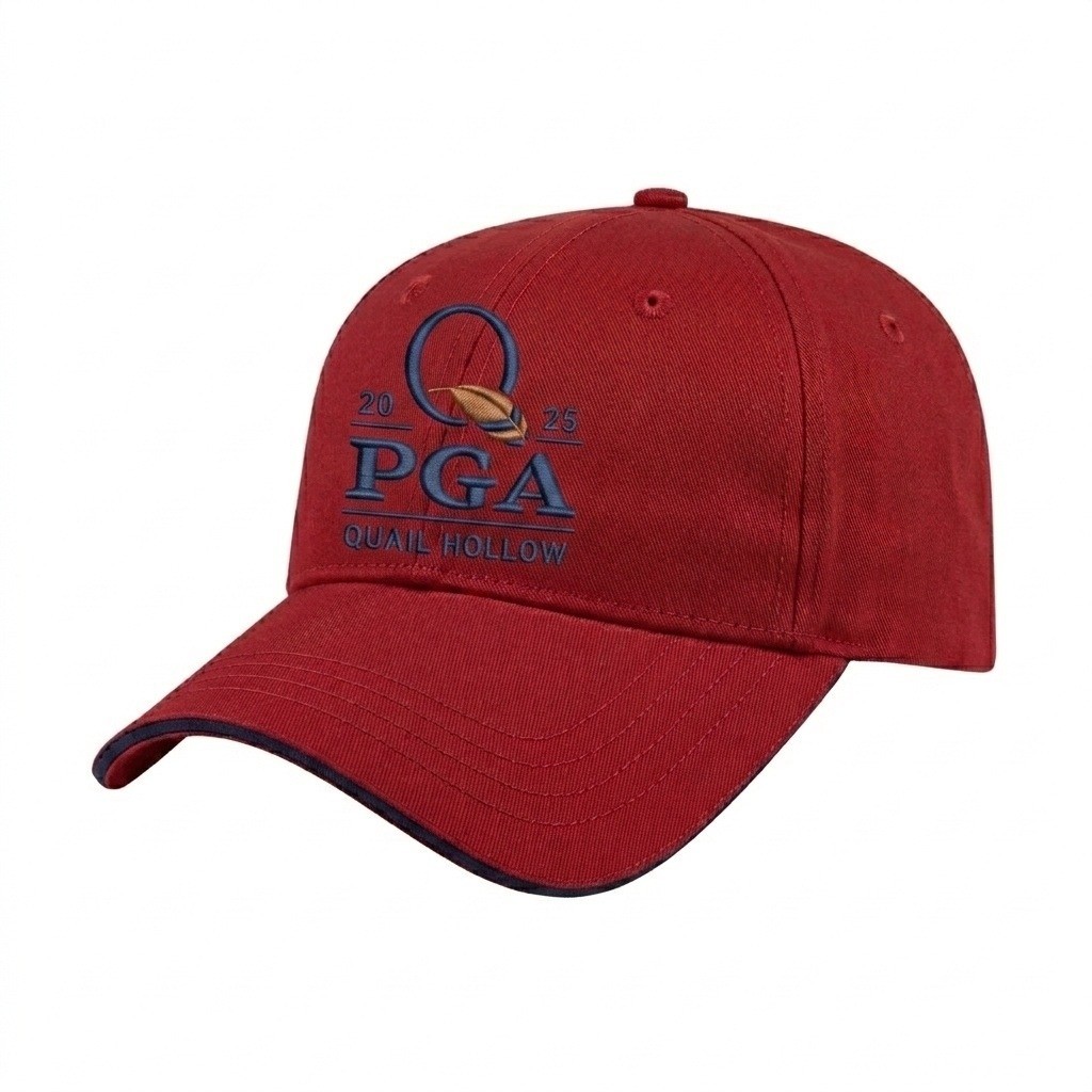 USA-made 6L Red-Navy Polycotton Twill baseball cap, decorated view, manufactured in Newark NJ