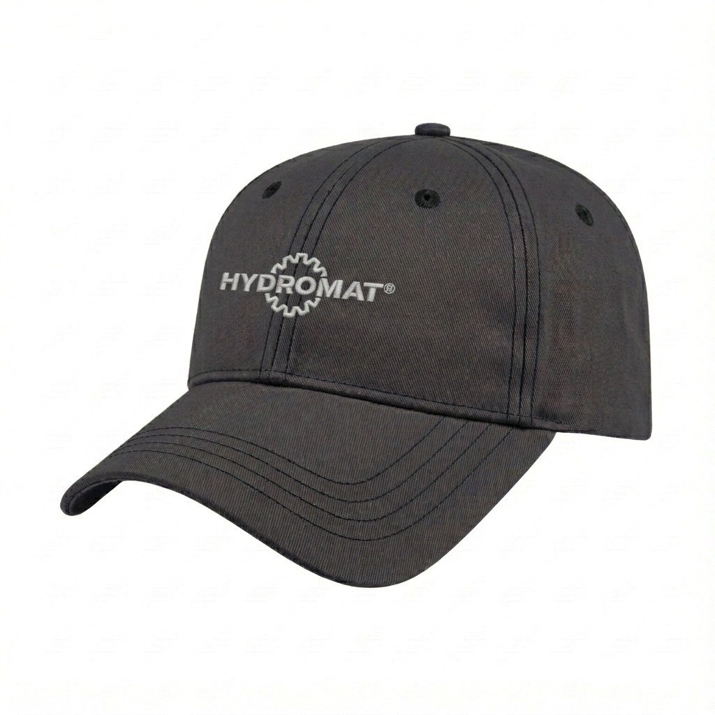 USA-made 6L Dark Gray-Black Polycotton Twill baseball cap, decorated view, manufactured in Newark NJ