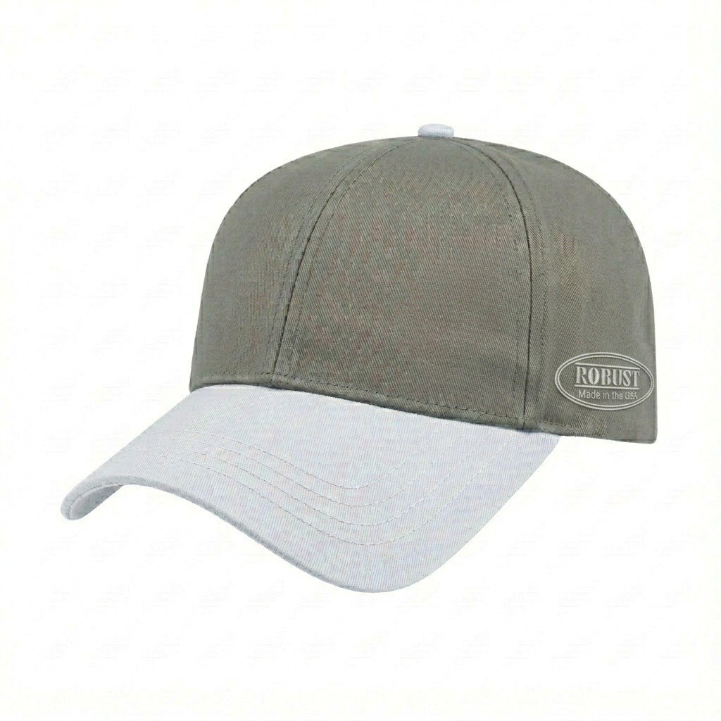 USA-made 6L Light Gray-White Polycotton Twill baseball cap, decorated view, manufactured in Newark NJ