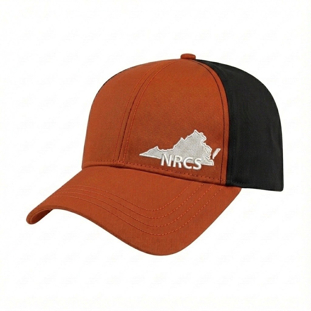 USA-made 6L Orange-Black Polycotton Twill baseball cap, decorated view, manufactured in Newark NJ