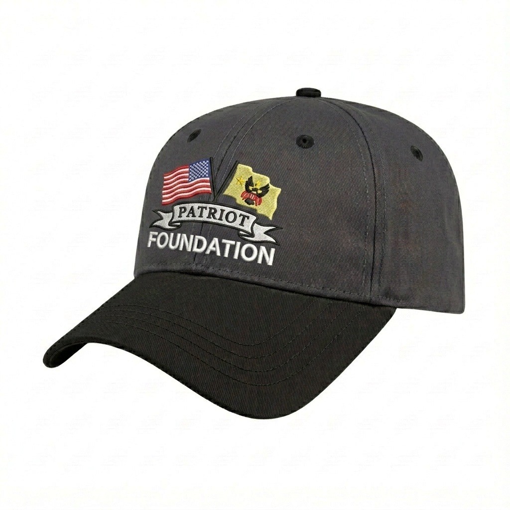 USA-made 6L Dark Gray-Black Polycotton Twill baseball cap, decorated view, manufactured in Newark NJ