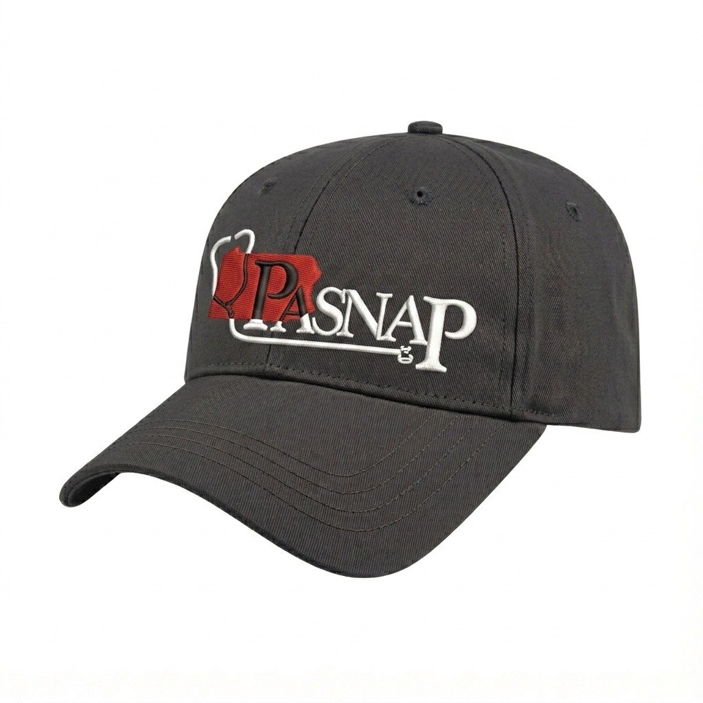 USA-made 6L Dark Gray Polycotton Twill baseball cap, decorated view, manufactured in Newark NJ