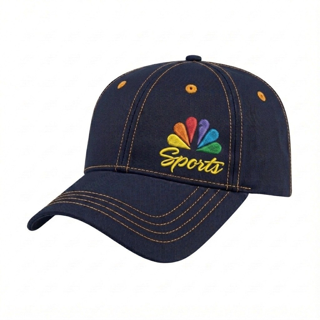 USA-made 6L Navy-Athletic Gold Polycotton Twill baseball cap, decorated view, manufactured in Newark NJ