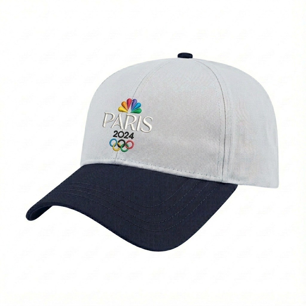 USA-made 6L White-Navy Polycotton Twill baseball cap, decorated view, manufactured in Newark NJ