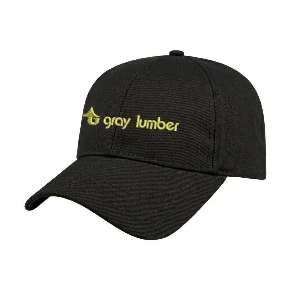 USA-made 6L Black Polycotton Twill baseball cap, decorated view, manufactured in Newark NJ