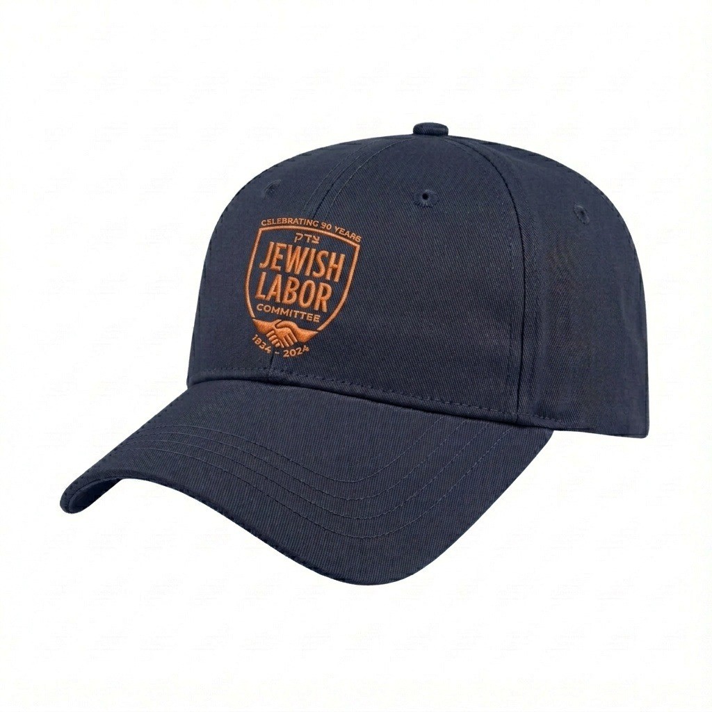 USA-made 6L Navy Polycotton Twill baseball cap, decorated view, manufactured in Newark NJ