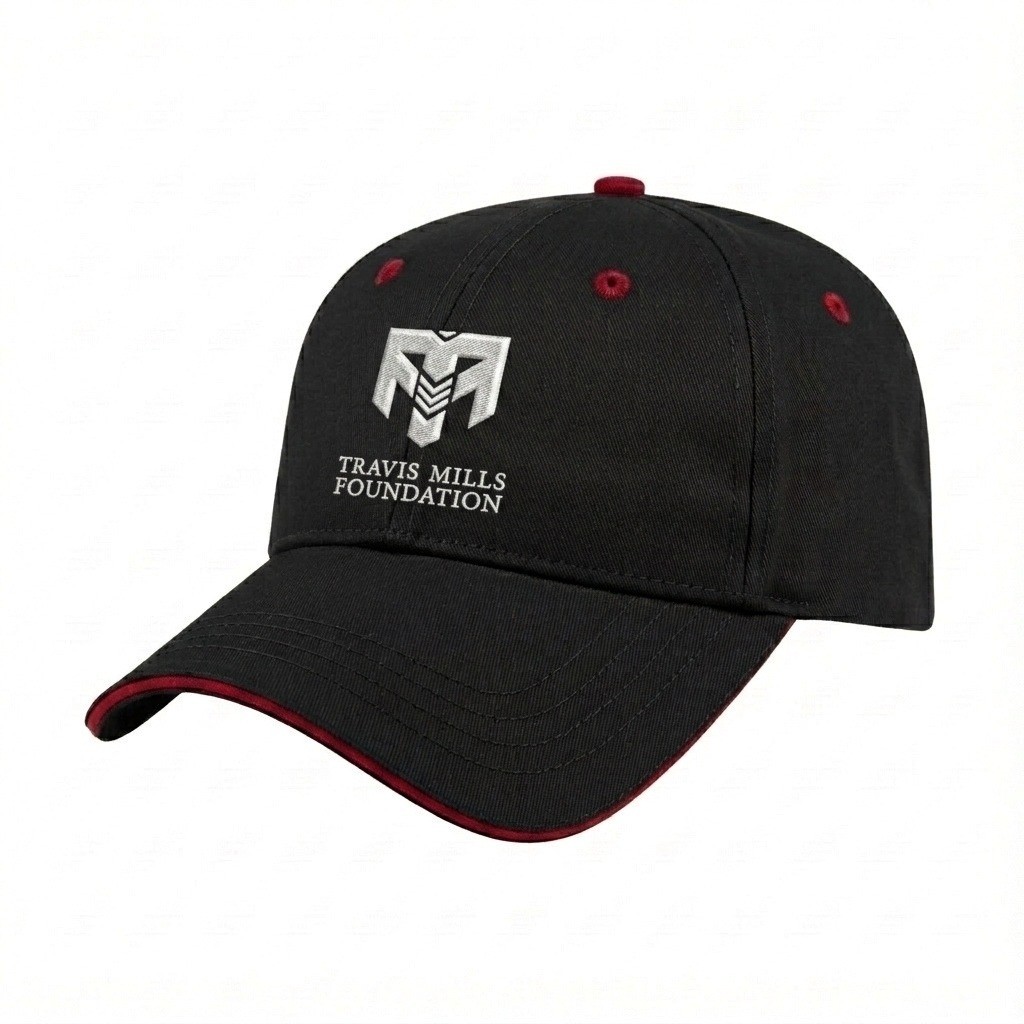 USA-made 6L Black-Red Polycotton Twill baseball cap, decorated view, manufactured in Newark NJ